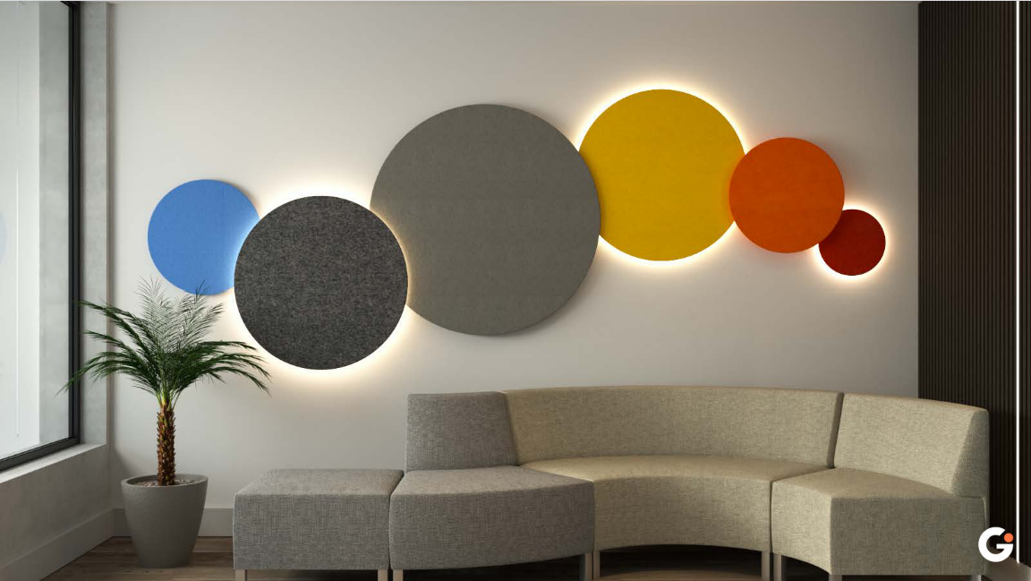 Lounge com soluções acústicas coloridas